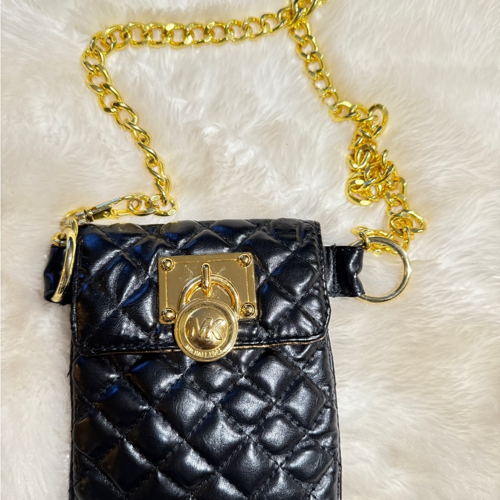 Black Quilted Faux Leather Waist Bag with Gold Chain
